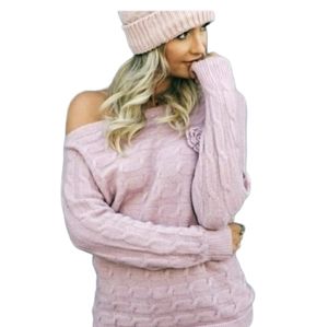 Military Hippie Sweater Sexy Off Shoulder Boho Knit L/XL